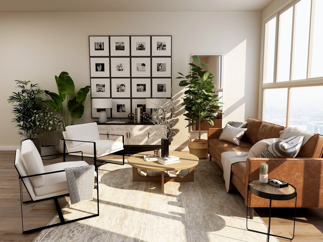 Finished Ottawa basement with gallery wall, leather sofa and natural light