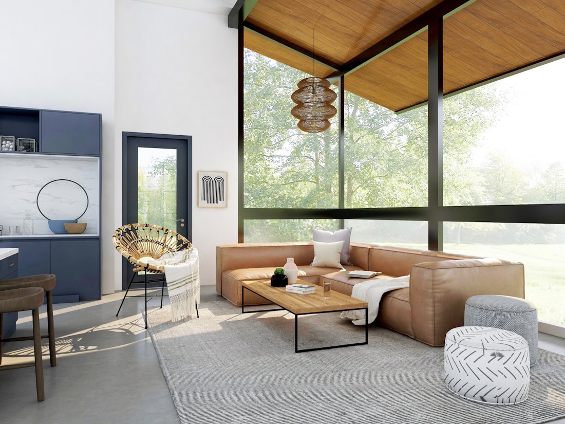 Custom-built interior living space with high ceilings and floor-to-ceiling windows